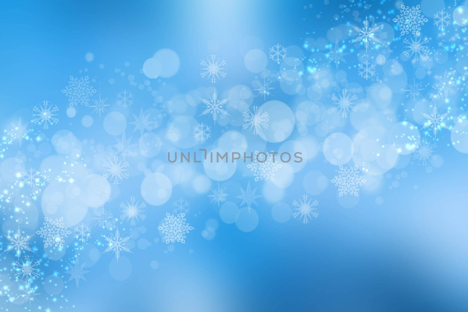 Abstract blurred festive light blue winter christmas or Happy New Year background texture with shiny blue and white bokeh lighted glittering snowflakes and stars. Space for your design. Card concept.