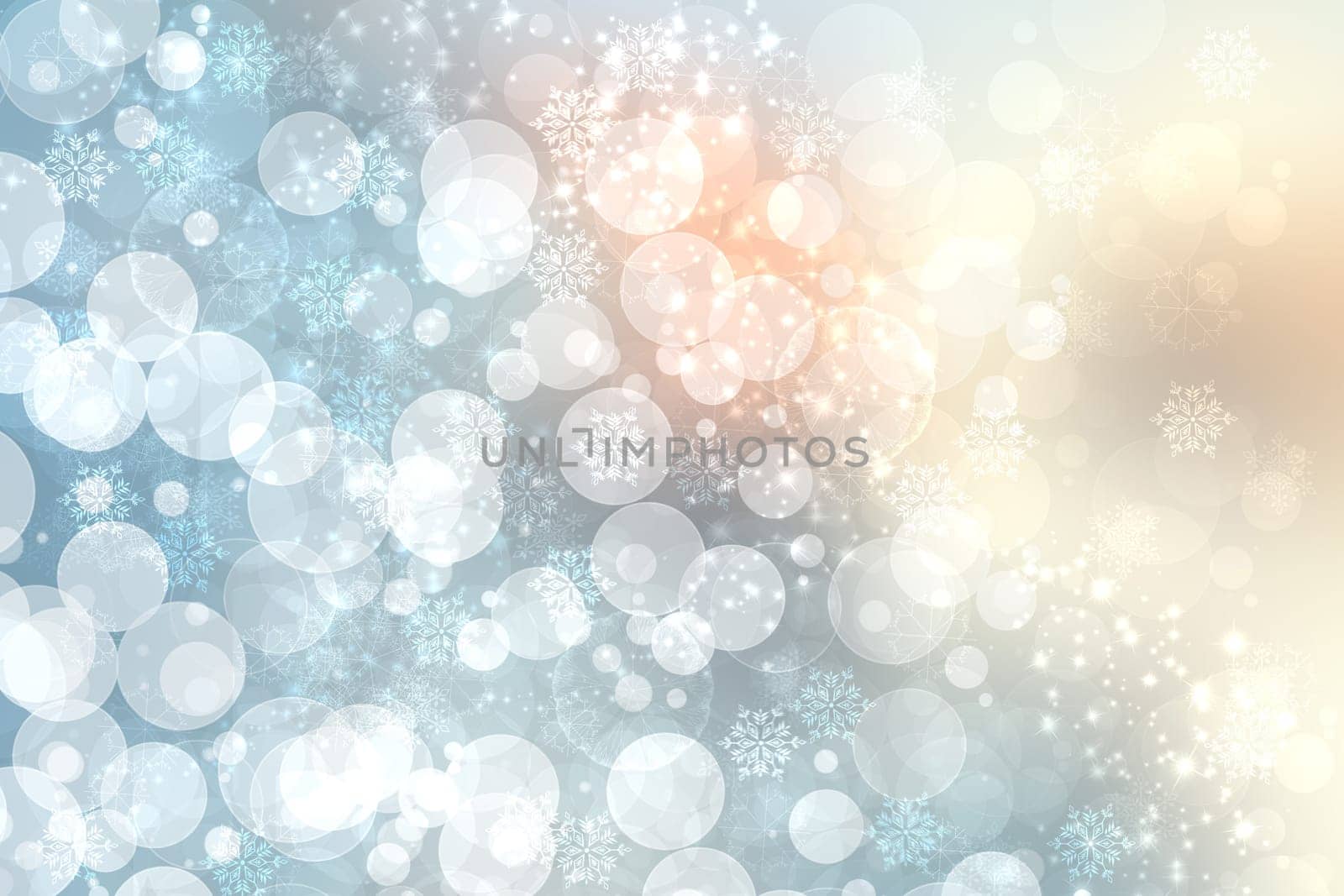 Abstract blurred festive delicate winter christmas or Happy New Year background with shiny blue yellow and white bokeh lighted stars. Space for your design. Card concept.