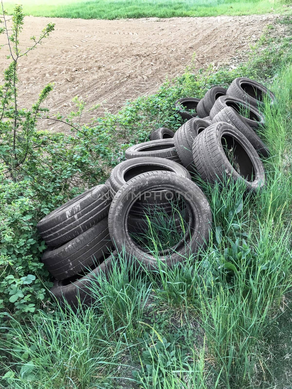 Used car tires dumped between the field, precedent for nature pollution.