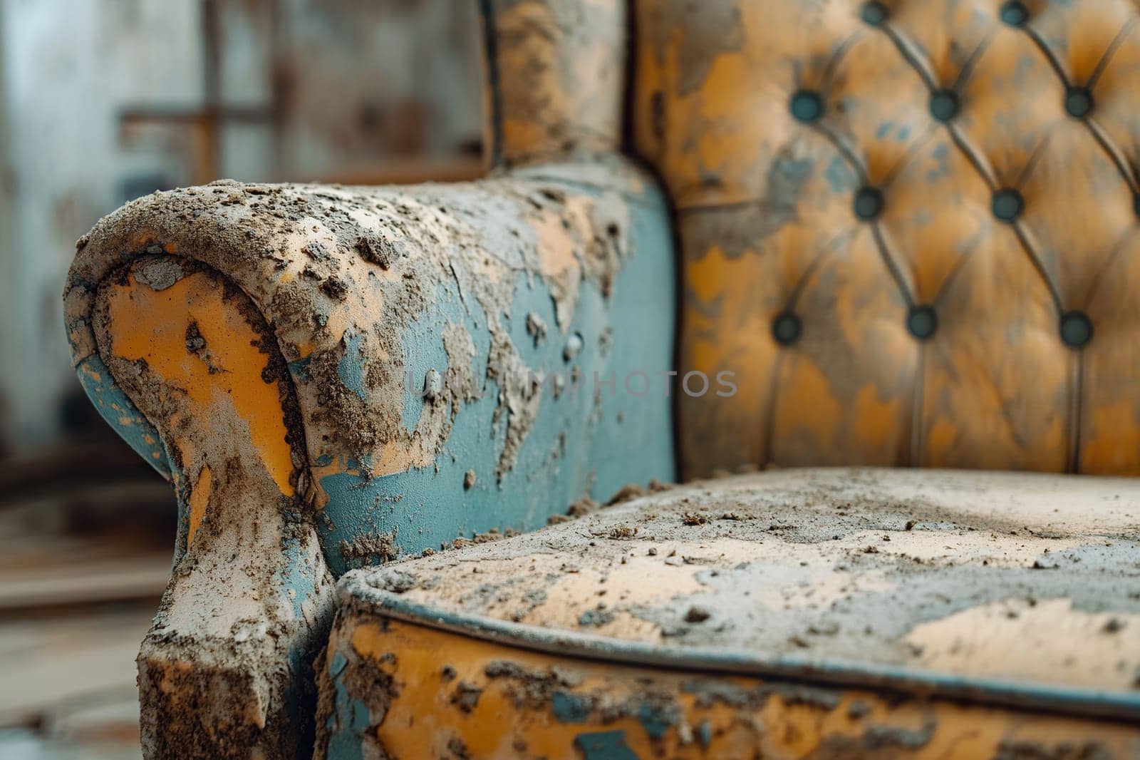 Old torn leather chair. Distressed, dirty, vintage, torn and worn chair close-up.