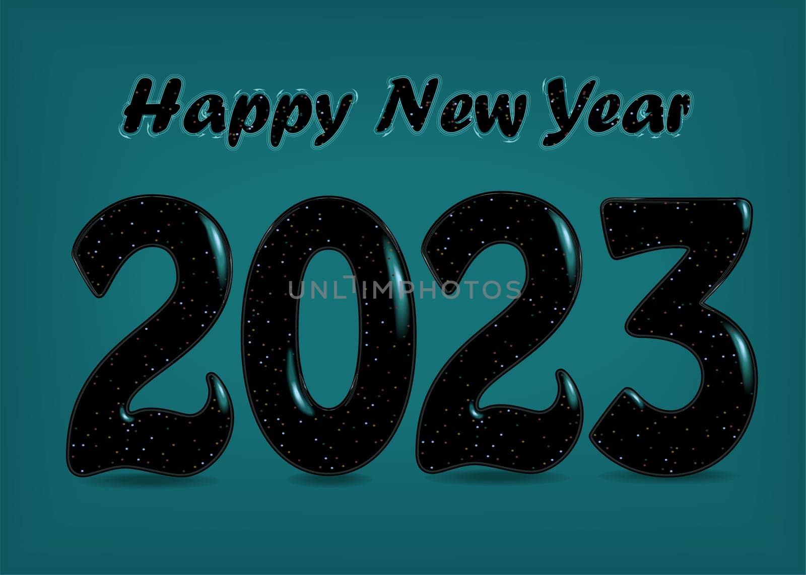 Happy New Year 2023. Black number and letters with blurs and sparkls. Green background. Gothic Greeting Card.