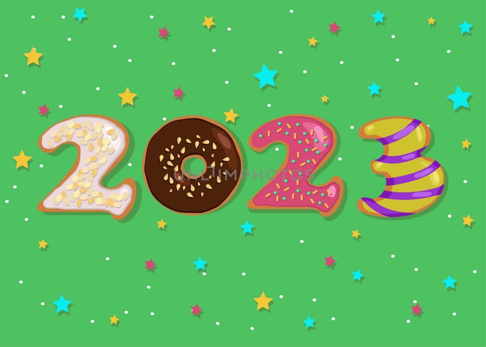Sweets as Numerals. Colorful Donuts Number 2023. Green background with confetti.
