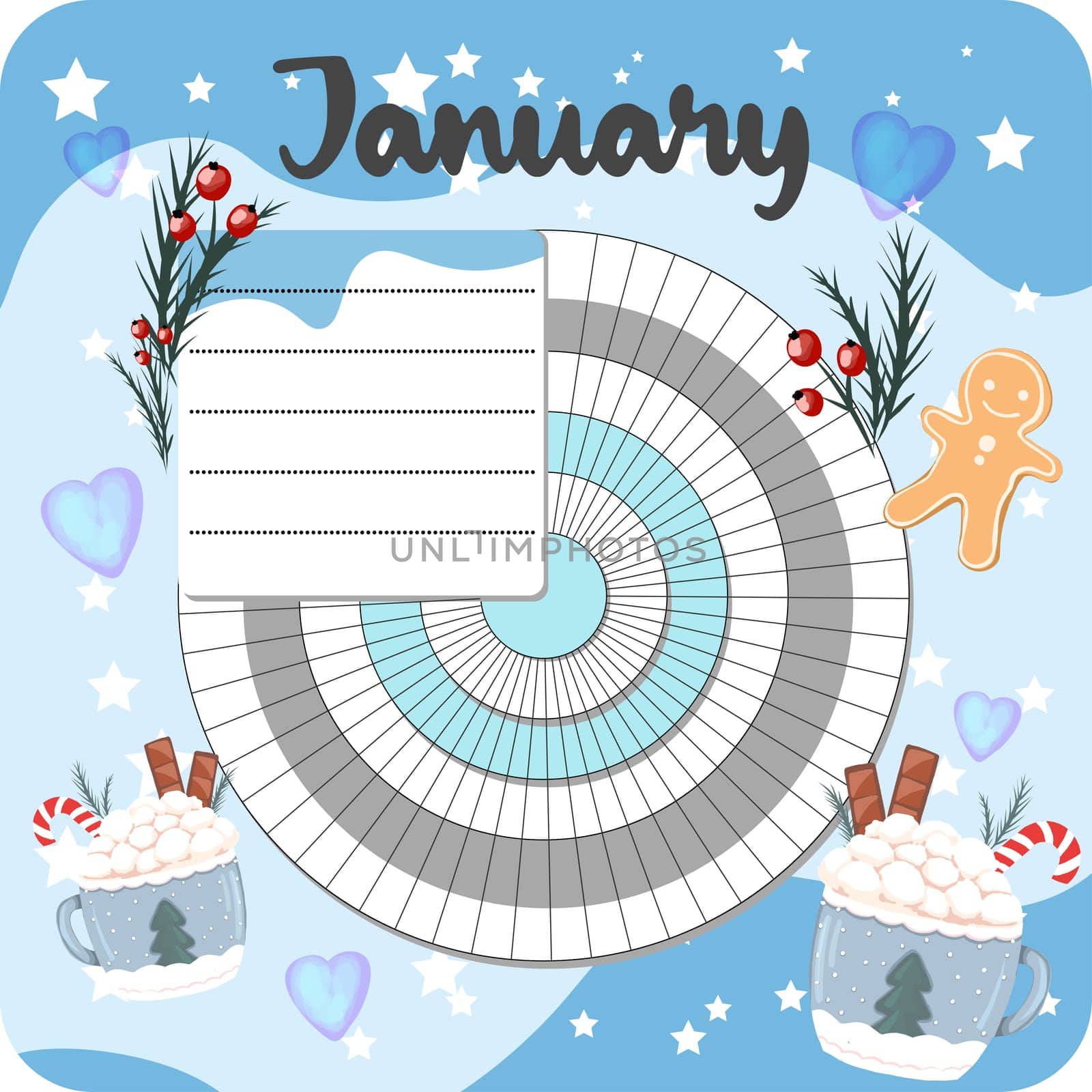January monthly planner, weekly planner, habit tracker template and example. Template for agenda, schedule, planners, checklists, bullet journal, notebook and other stationery. Christmas cocoa theme.