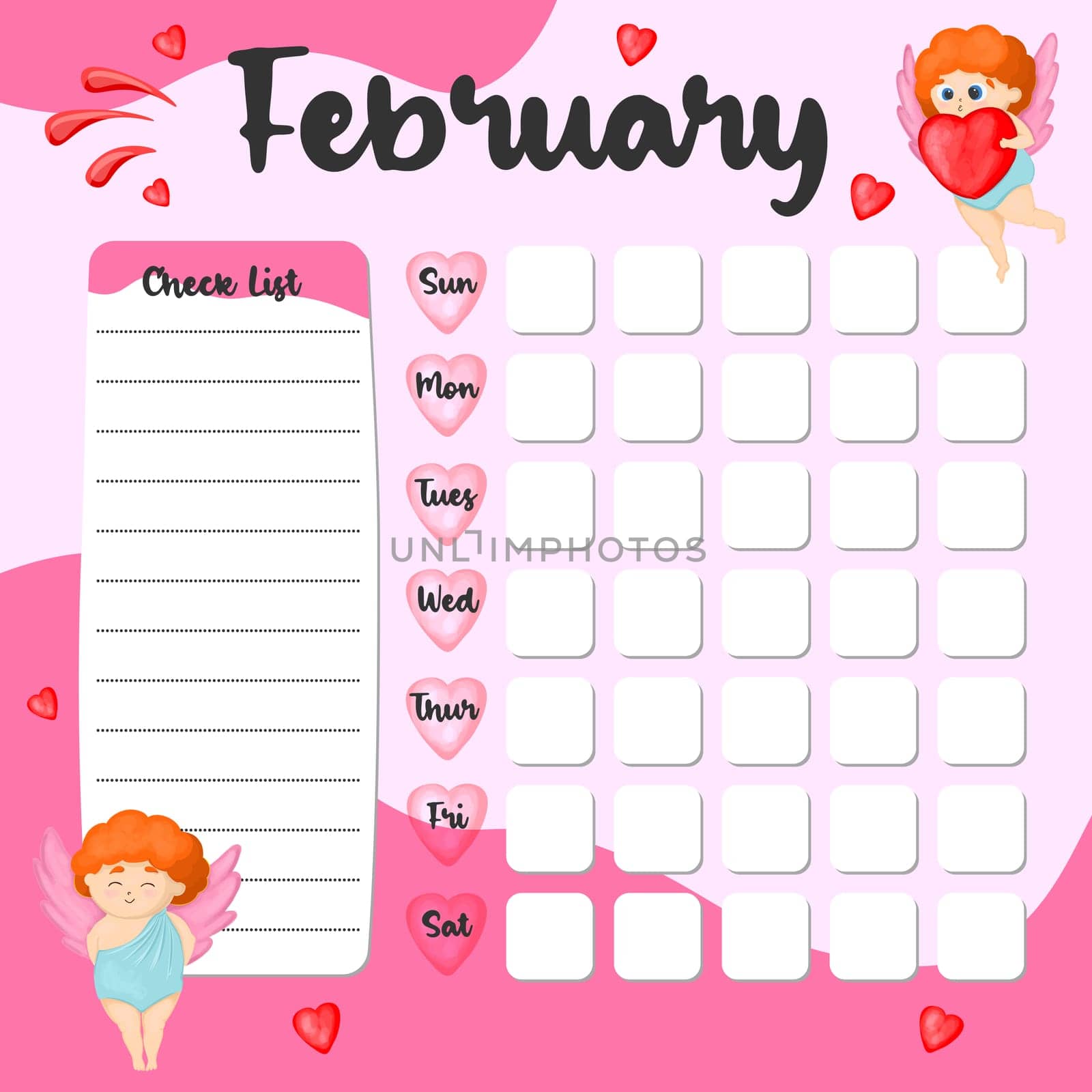 February monthly planner, weekly planner, habit tracker template and example. Template for agenda, schedule, planners, checklists, bullet journal, notebook and other stationery. Valentines Day theme.
