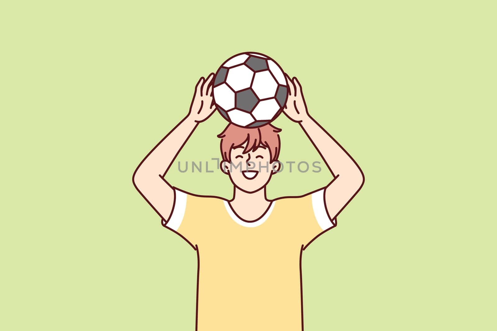 Teenage boy raises soccer ball over head dreams of becoming professional football player and playing in Major League. Young guy in yellow T-shirt stands on green lawn. Flat vector illustration