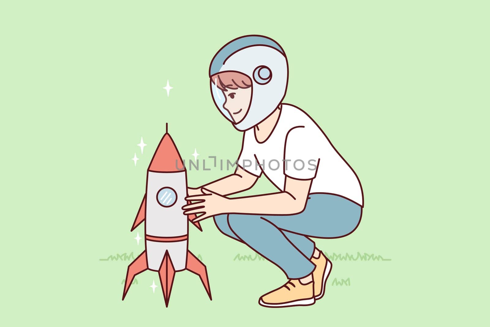 Little boy squatting near toy rocket representing launching spaceship to another planet. Child plays as astronaut, wanting to work in space industry and launch intergalactic ships. Flat vector design