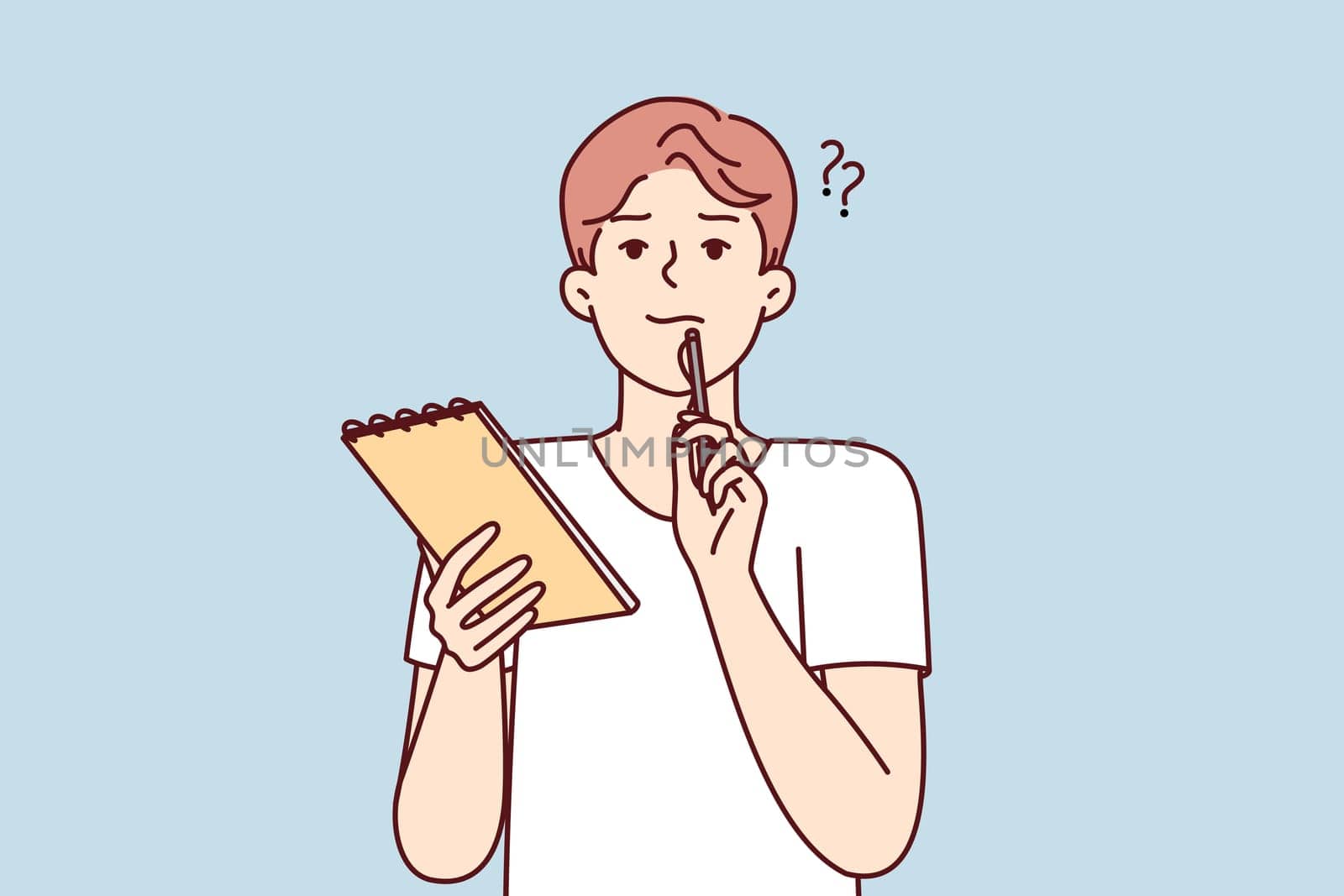 Positive thoughtful man with notebook in hand puts pen to face while thinking about difficult task. Boy high school student preparing for exams or important olympics. Flat vector illustration
