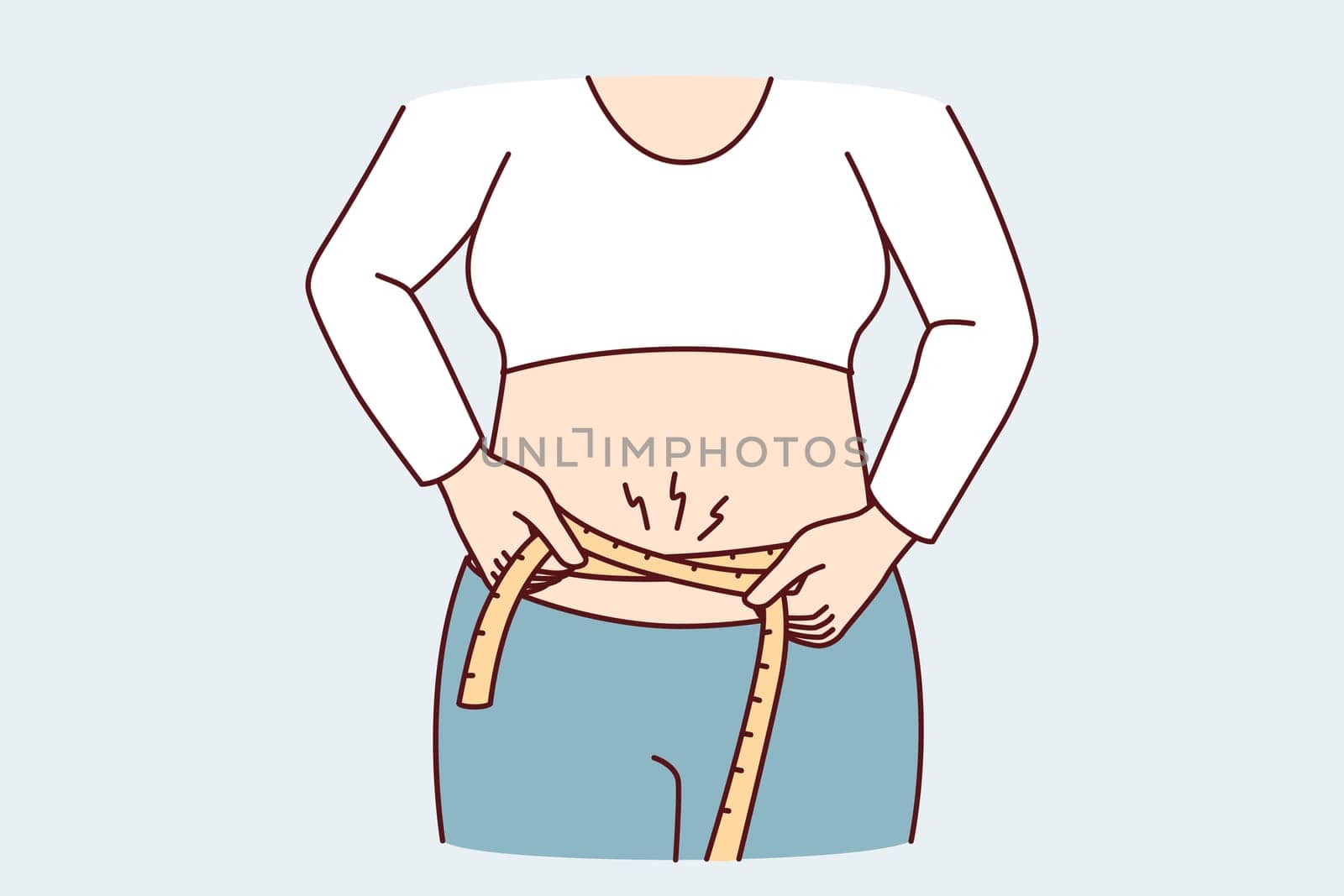 Woman wants to lose extra pounds measures waist size to track result of training. Hands girl with measuring tape to monitor progress after new diet designed to get rid excess weight. Flat vector image
