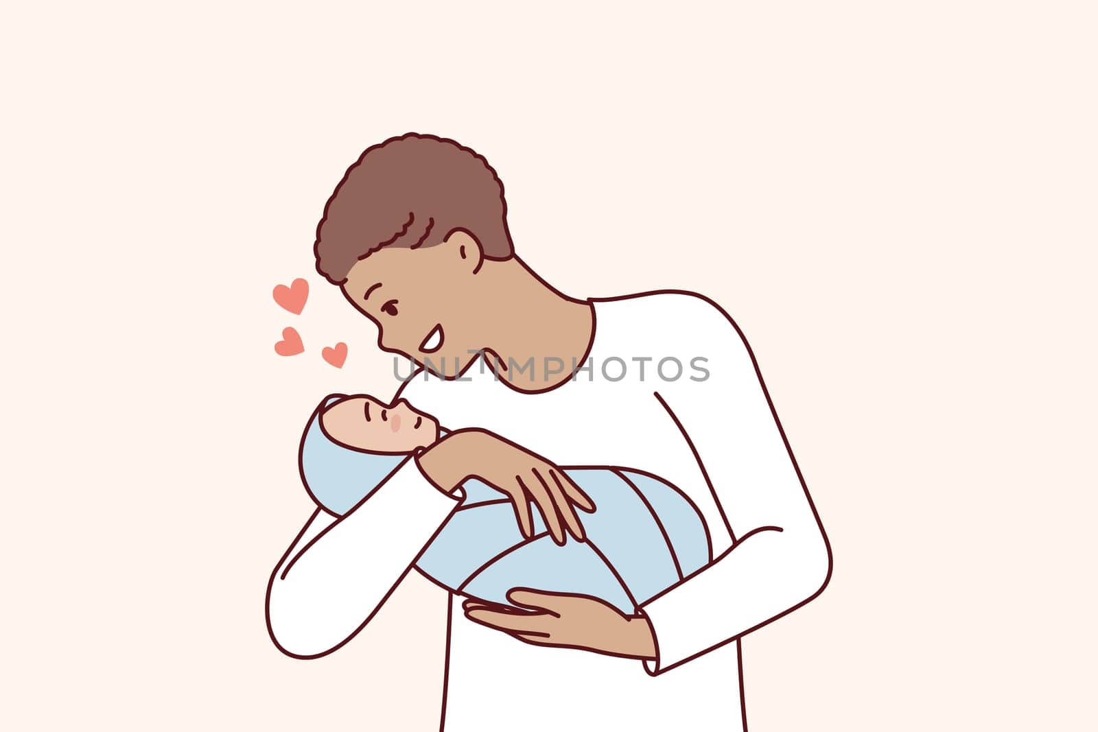 Loving man holds baby in arms and smiles enjoy communication with own son. Young positive father with short hair is happy to see newborn tot wrapped in blanket. Flat vector illustration