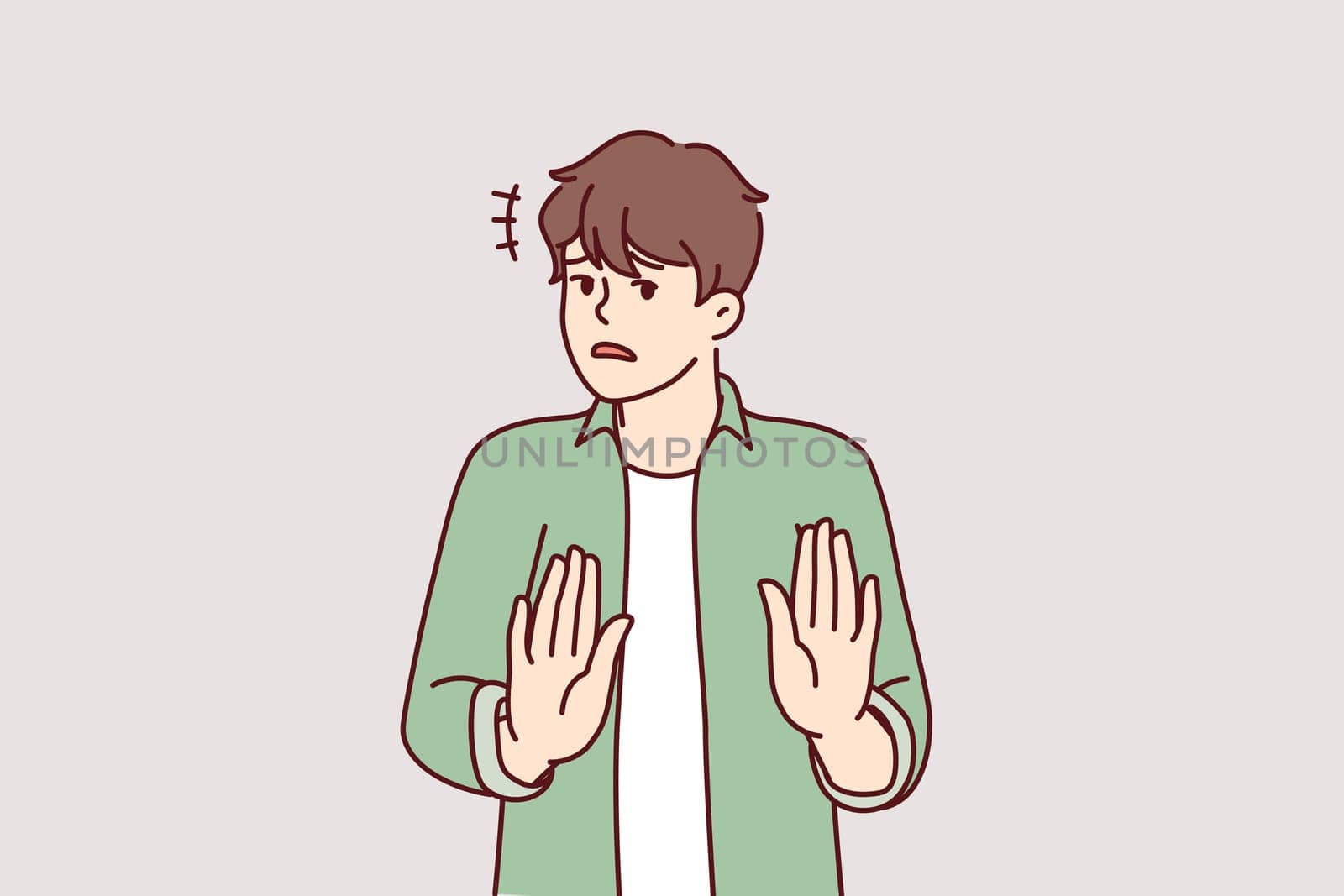 Puzzled man stretches out hands showing palms calls to stop or stop politically incorrect actions. Embarrassed young guy calls to stop spread of harmful or fake information. Flat vector illustration