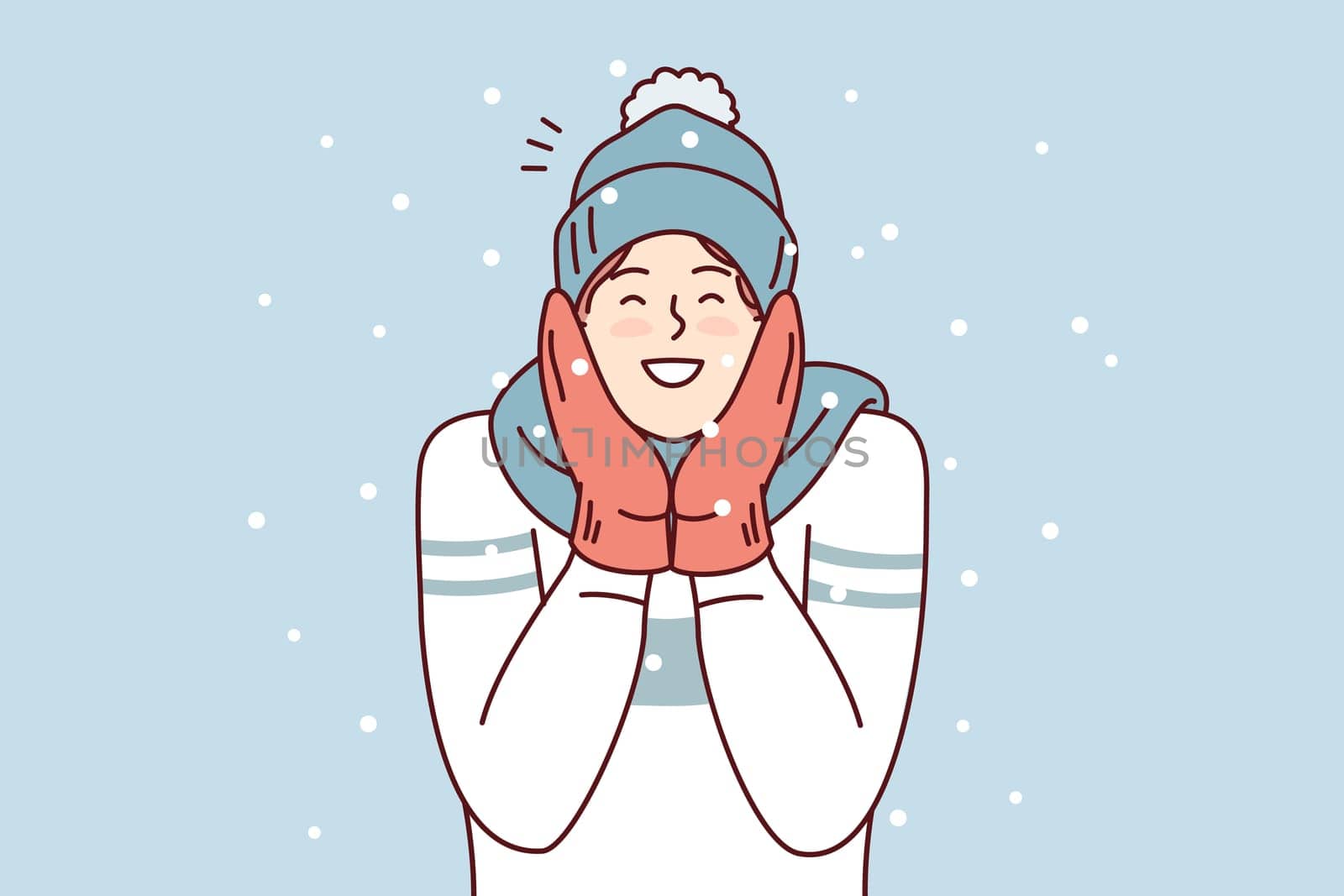 Happy man in sweater and mittens smiling enjoy cold weather and rejoice december holidays. Positive young guy in winter hat and scarf stands outdoors among falling snowflakes. Flat vector design