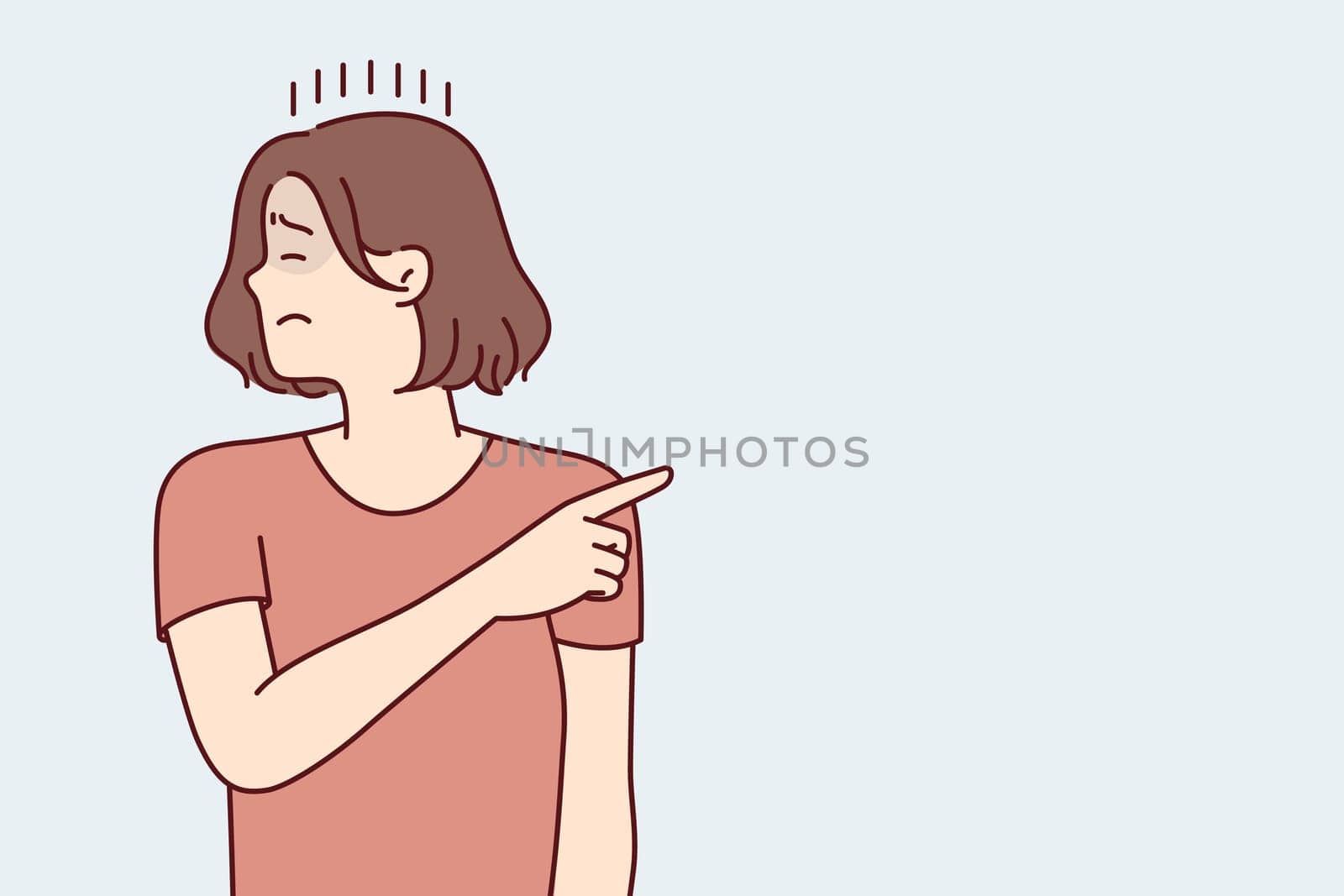 offended woman turns away and closing eyes points finger to side after quarrel or insults. Depressed girl in casual t-shirt is sad after job loss or lack of career growth. Flat vector illustration