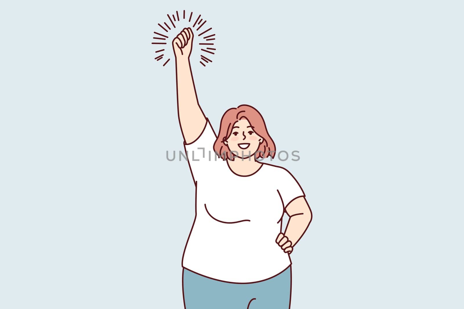 Smiling big size woman doing warm-up raising hands up leads active lifestyle. Girl in casual clothes making stretching before going to fitness room or sports club. Flat vector illustration