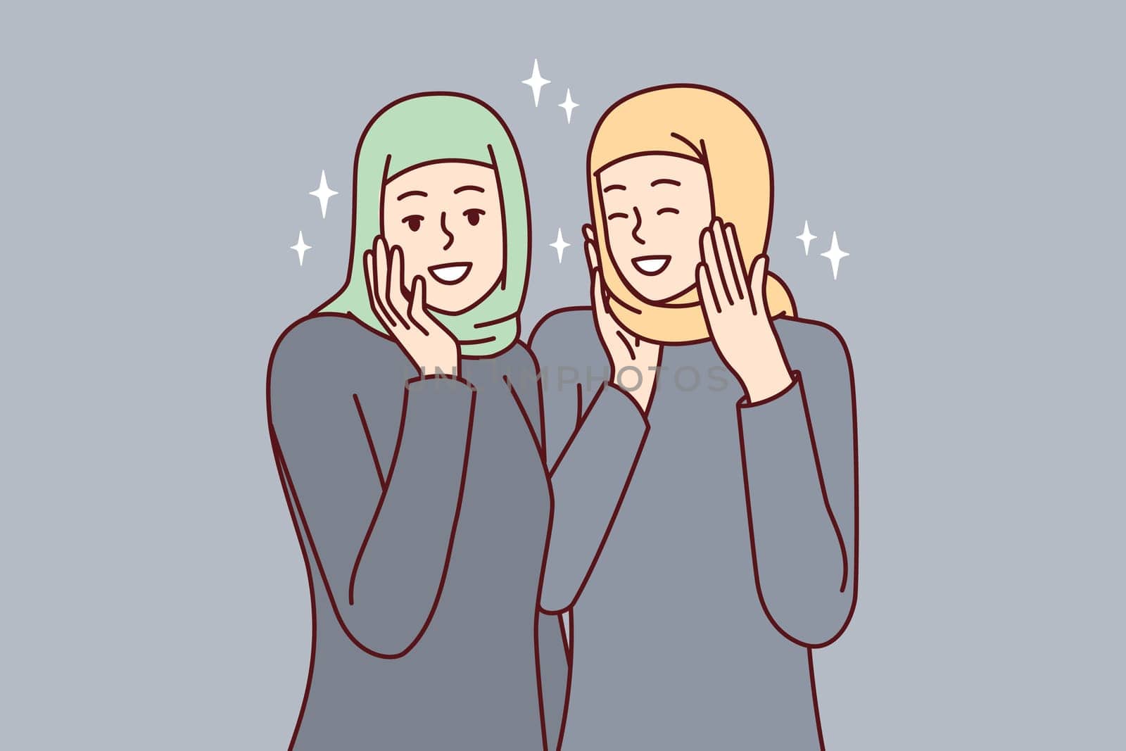 Happy ethnic muslim women with headscarves covering hair smiling. Arabian girls dressed in Islamic clothes and headdresses experience joy and satisfaction with life. Flat vector illustration