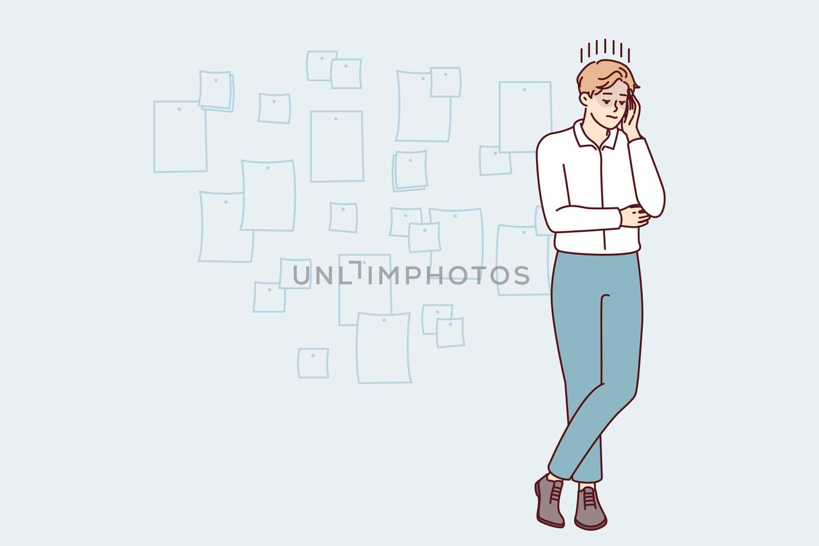 Young creative man project manager stands cross-legged and touches head thinking about future development of company. Startup employee guy posing near wall with stickers. Flat vector illustration