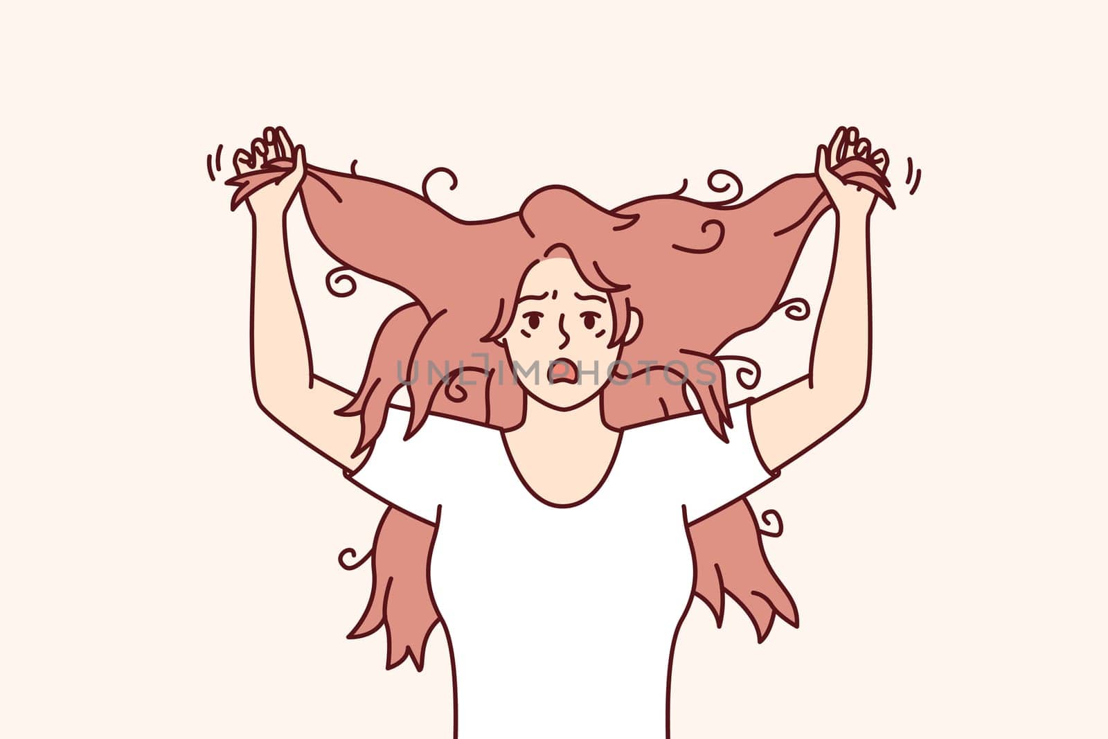 Shocked woman tearing hair on head due to depression or lot of stress suffering from mental disorder. Girl nervous after seeing untidy hairstyle needing to go to hairdresser. Flat vector design