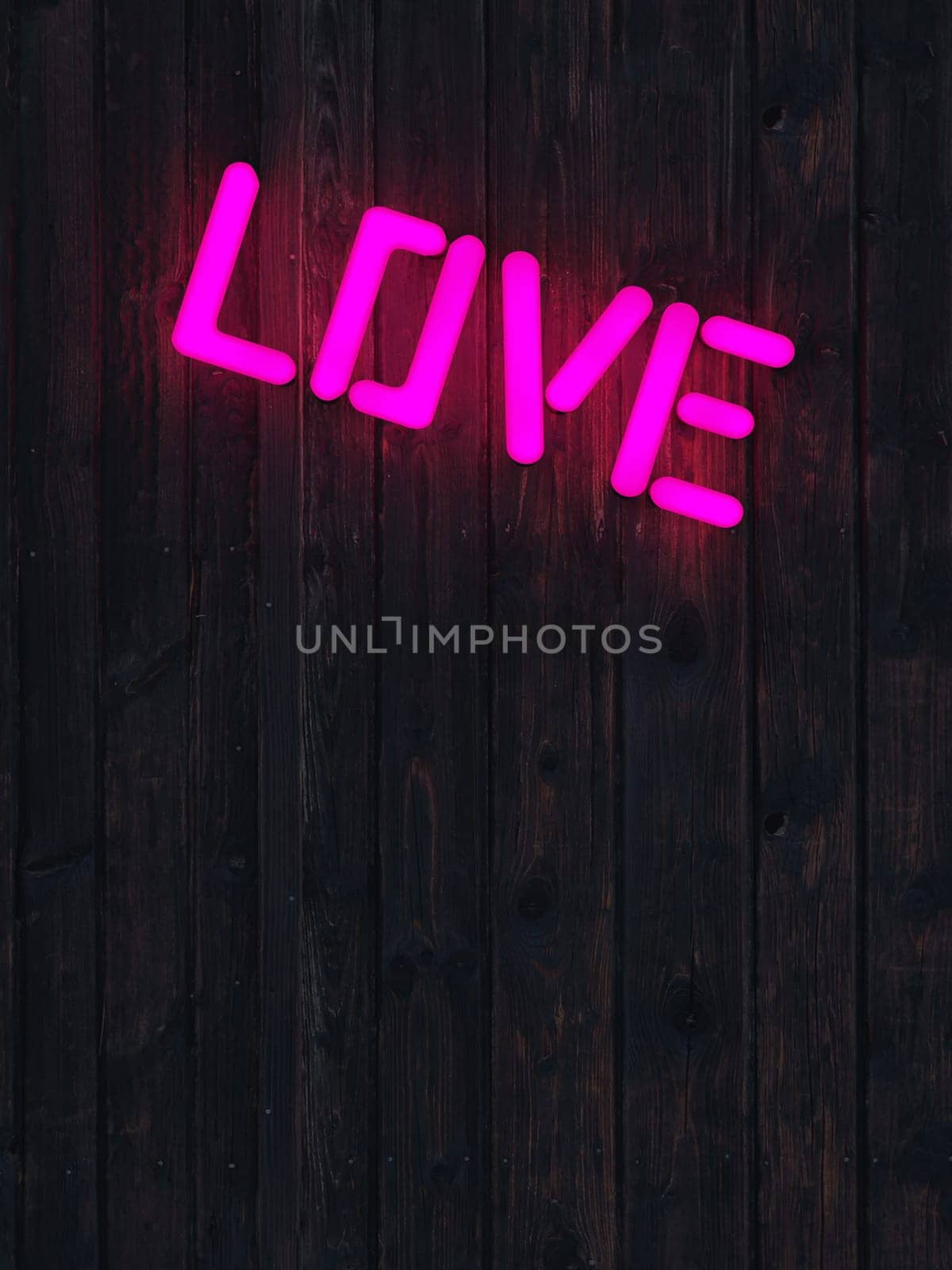 Pink glowing neon light word LOVE on a brick wall with space for your text, image or product, Happy Valentines Day concept