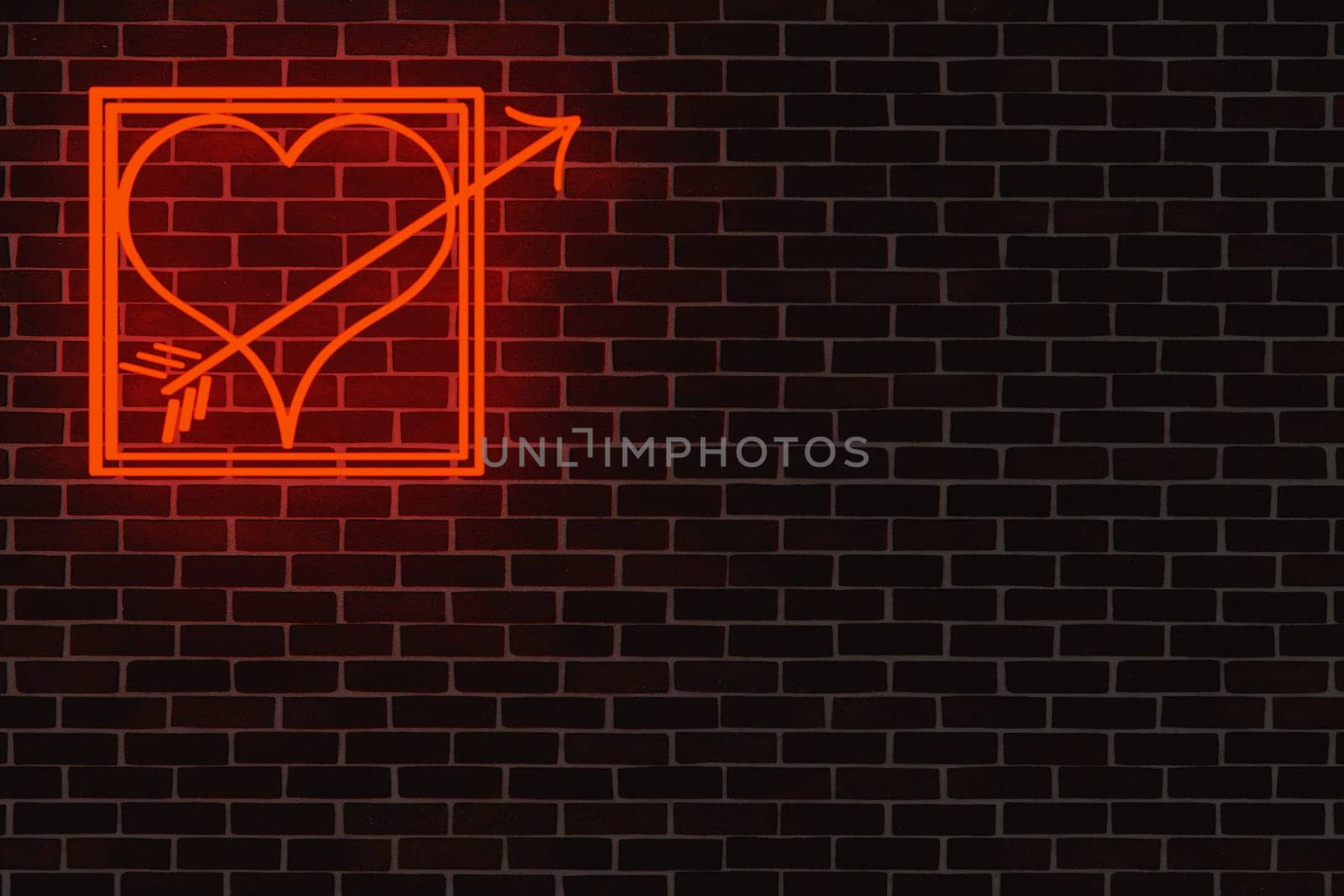 Red glowing neon light Heart with Armors arrow on a brick wall with space for your text, image or product, Happy Valentines Day concept