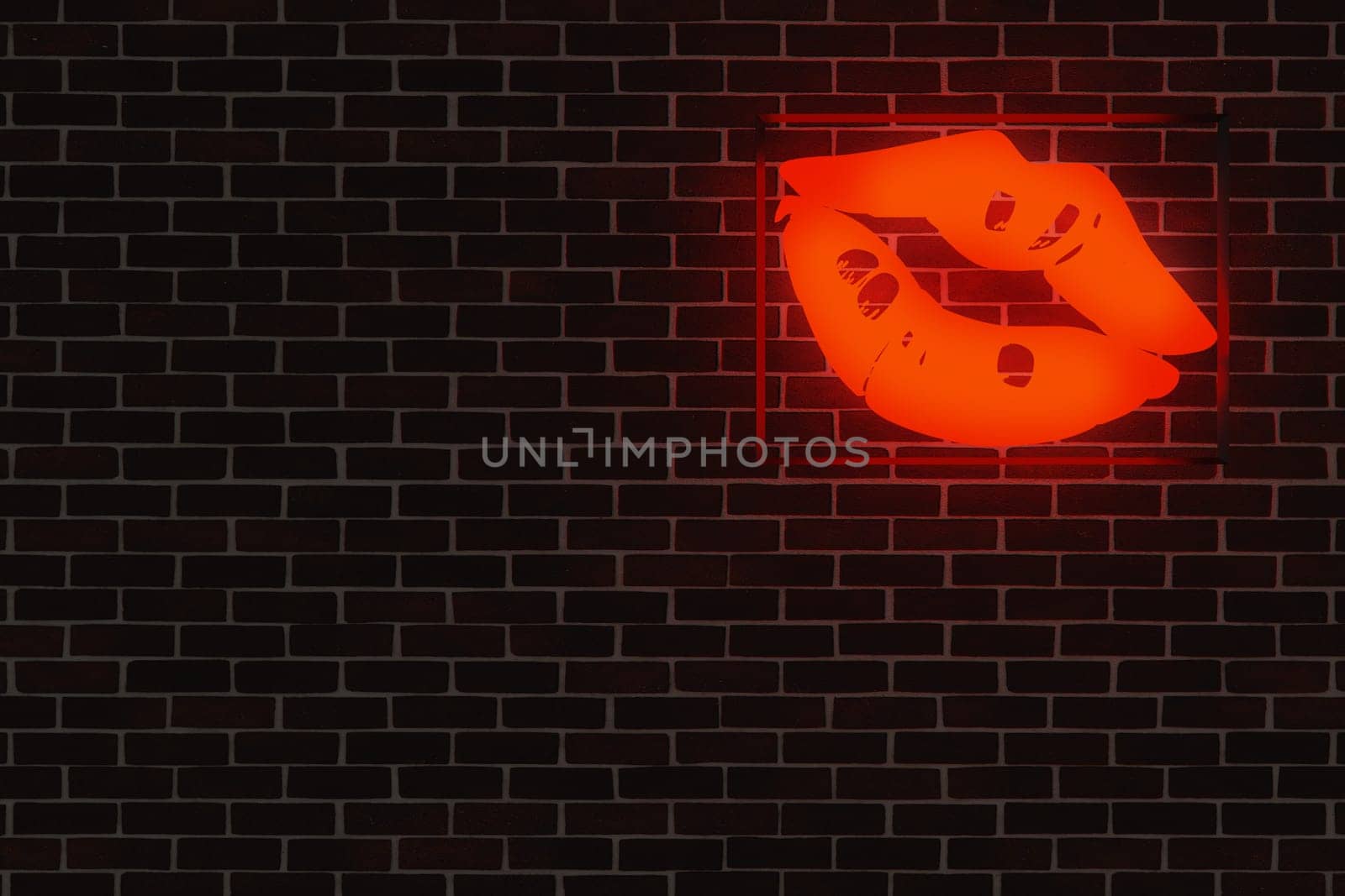 Red glowing neon light lips on a brick wall with space for your text, image or product, Happy Valentines Day concept