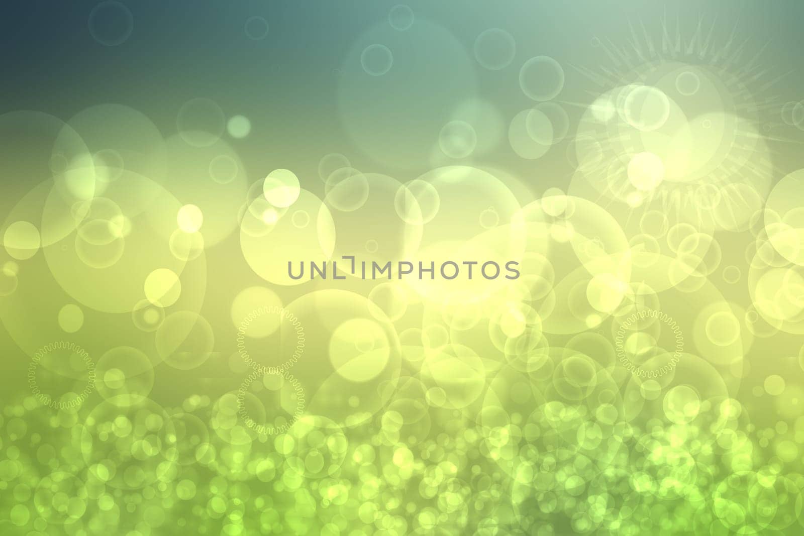 Abstract bright spring or summer landscape texture with natural green bokeh lights and yellow circular lights with sunshine and sun rays. Beautiful autumn background with copy space.