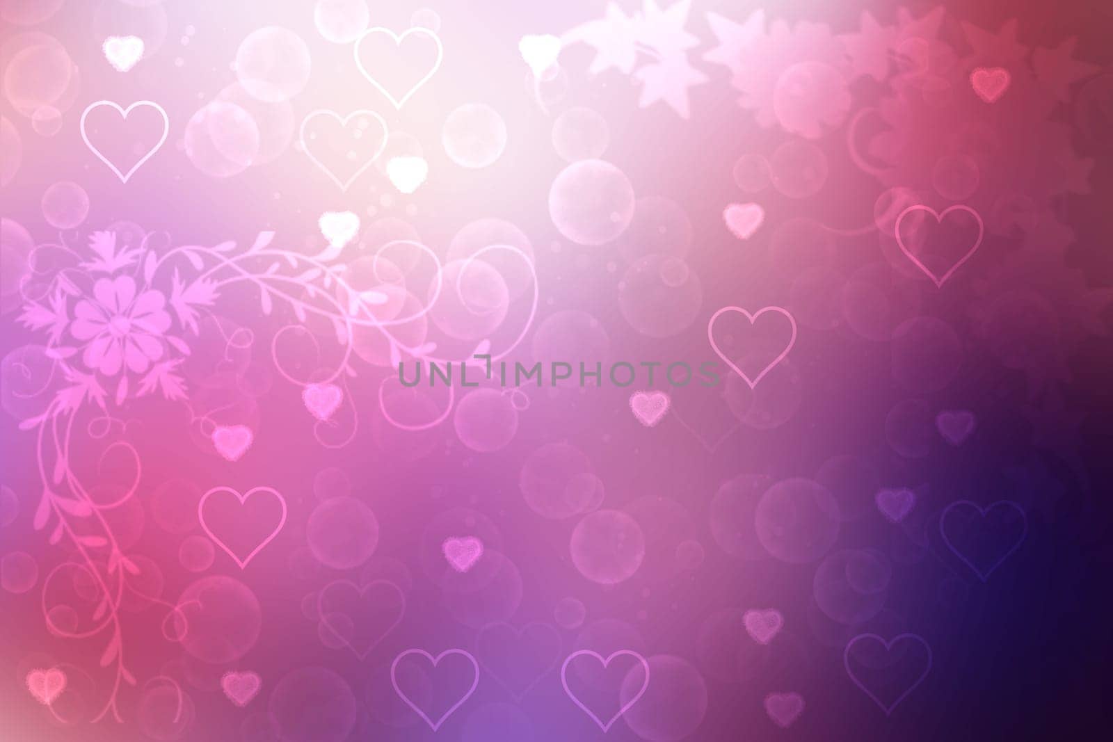 Abstract festive blur blue pink background with pink hearts love bokeh and flower for wedding card or Valentines day.  Romantic textured backdrop with space for your design. Card concept.