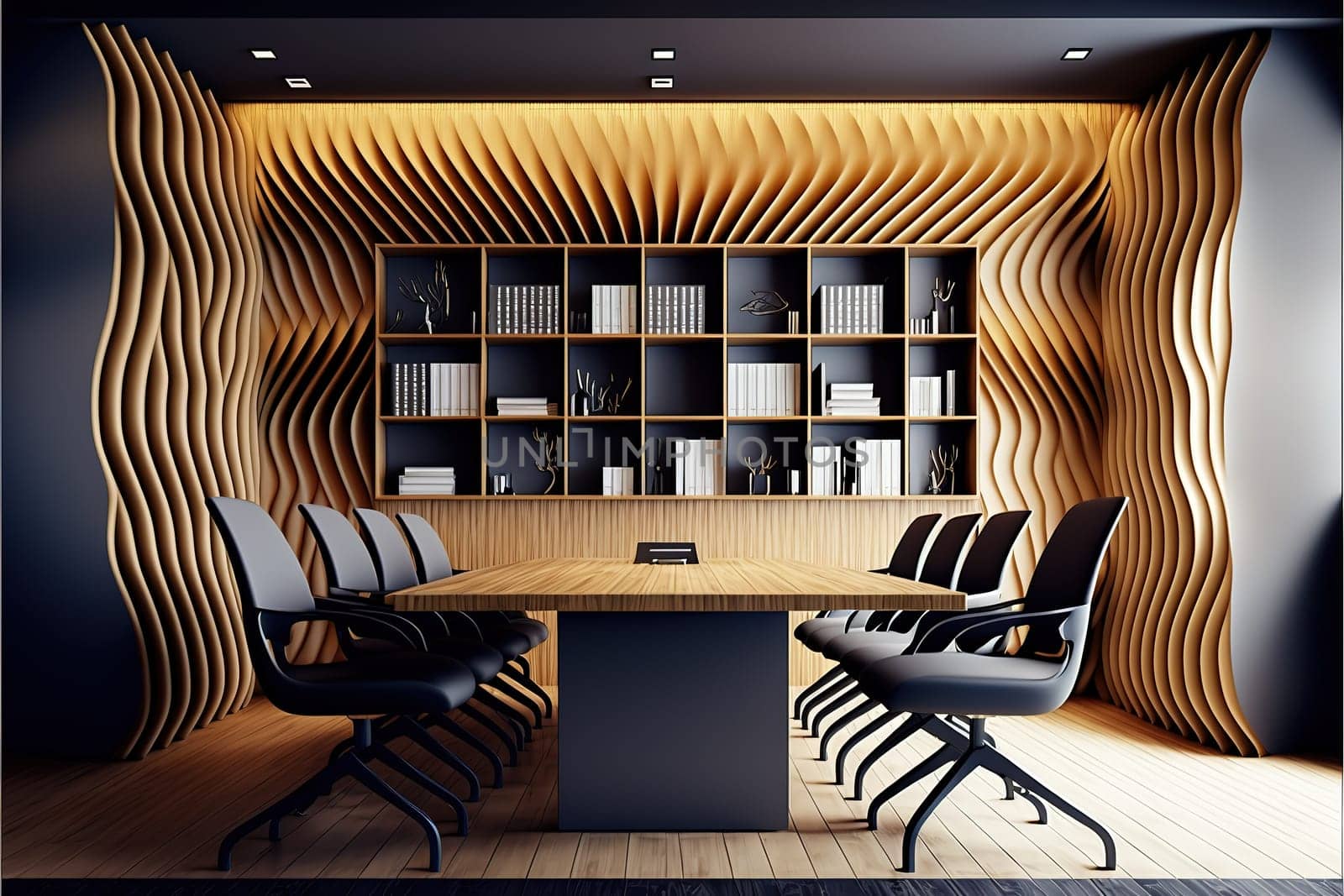 Boardroom interior with wave pattern wall, wooden floor, long table with chairs and rows of shelves with folders in them. Front view.