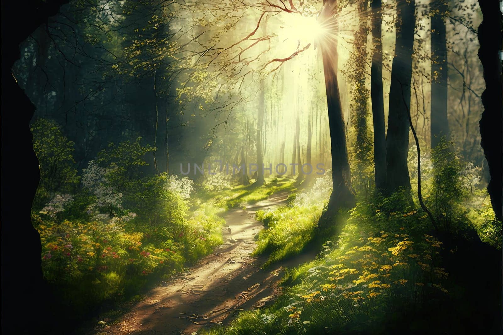 Beautiful forest in spring with bright sun shining through the trees.