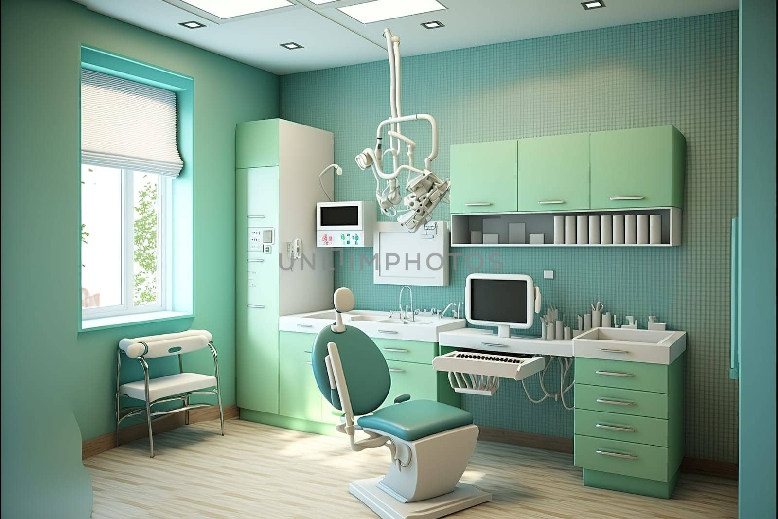 Dental clinic interior design with several working boxes and tools.