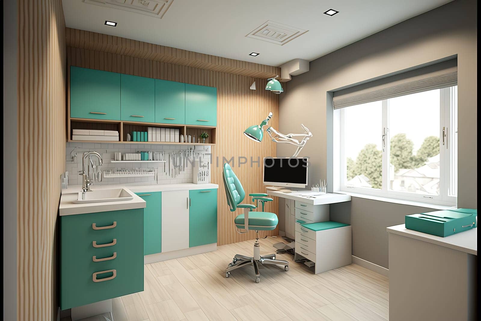 Dental clinic interior design with several working boxes and tools.