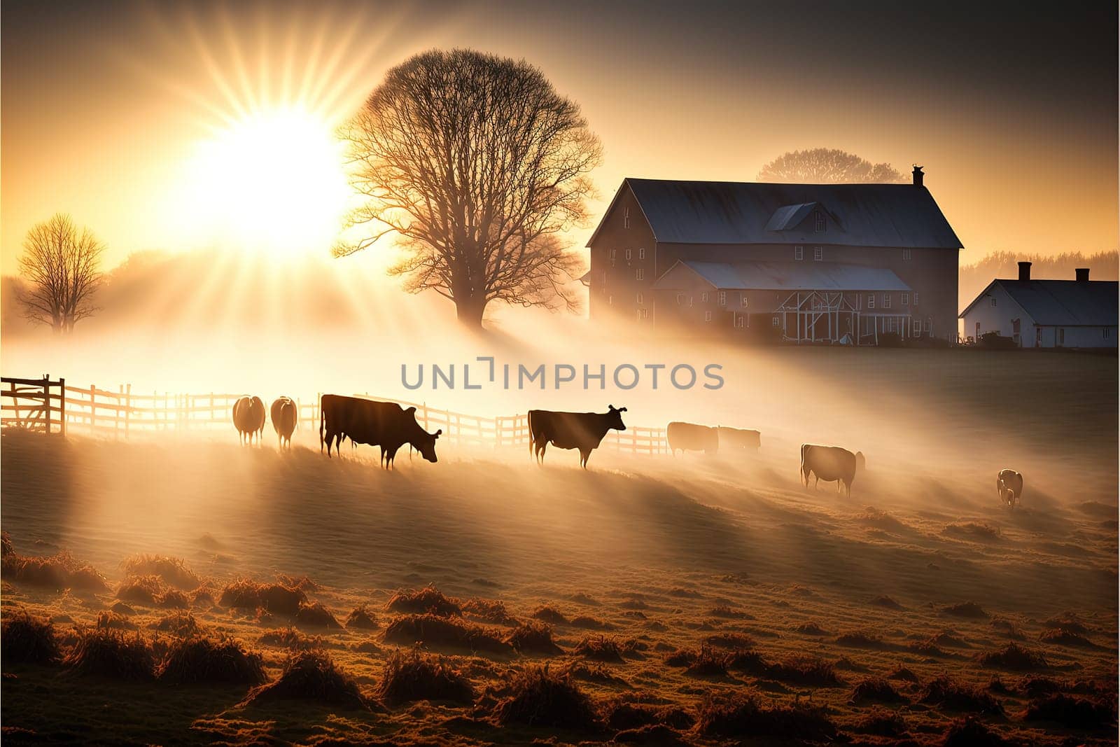 Early morning view of a Virginia farm at sunrise. Beautiful soft glow of the sun, illuminating a soft low lying fog as cows graze in the field.