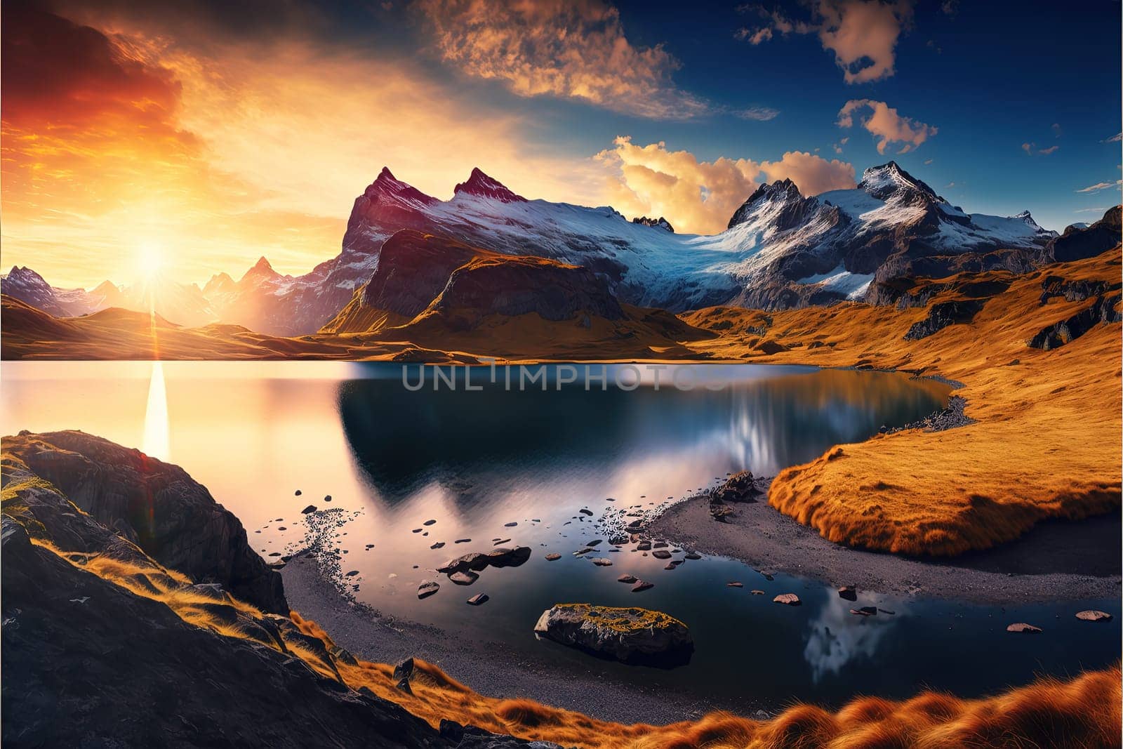 Fantastic evening panorama of Bachalp lake / Bachalpsee, Switzerland. Picturesque autumn sunset in Swiss alps, Grindelwald, Bernese Oberland, Europe. Beauty of nature concept background.