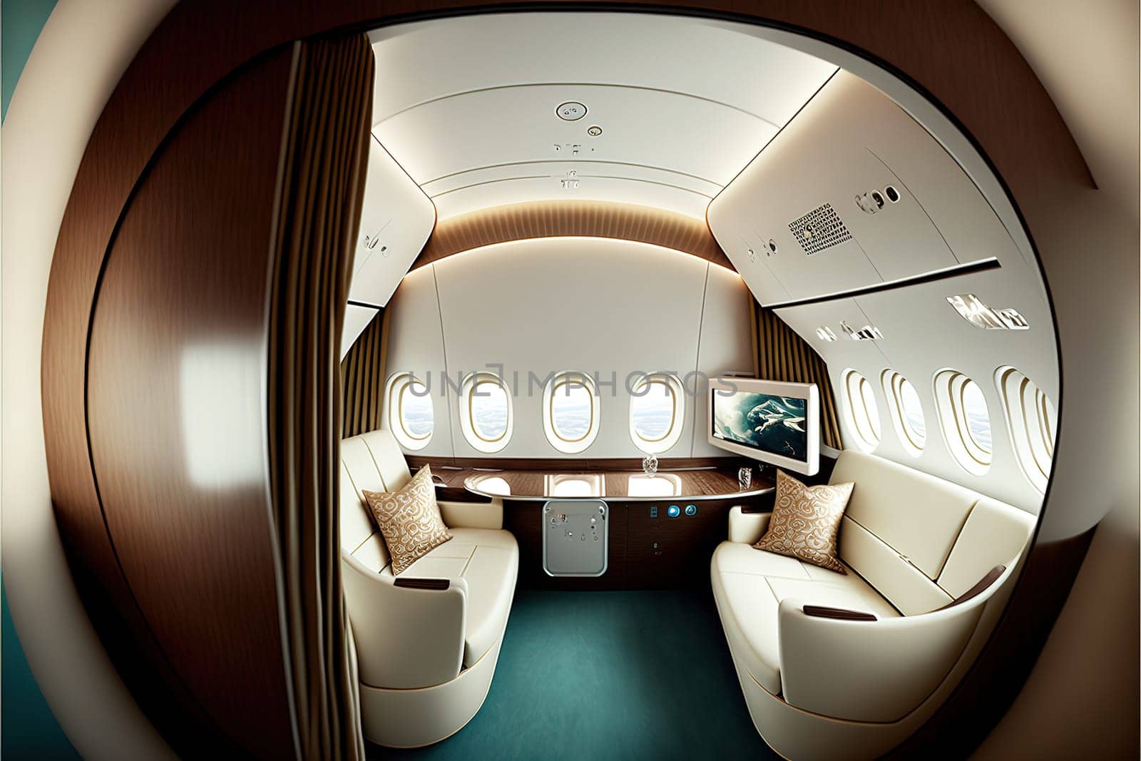 First class seats inside a Boeing 747-8 jumbo jet airplane from the German airline.