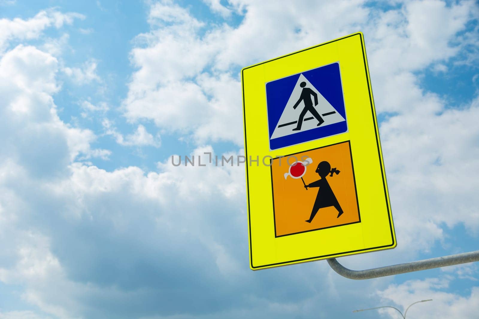 Traffic sign pedestrian crossing and attention to children, close up