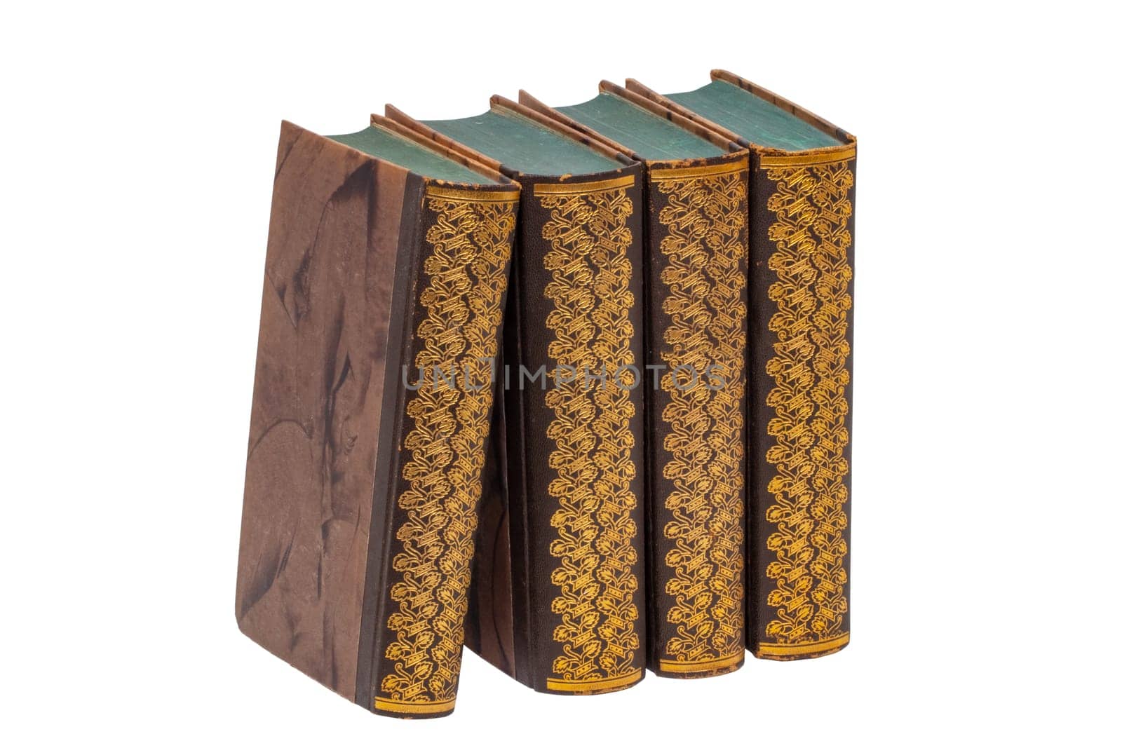 Pile of vintage old books isolated on a white background. Clipping path. Education concept. Back to school.