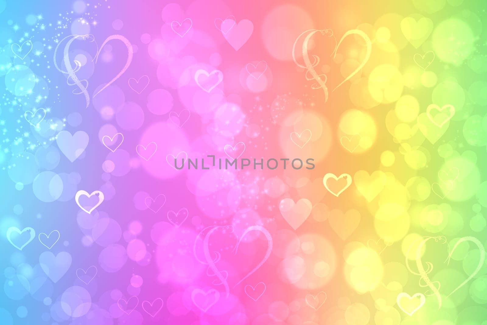 LGBT Valentines card design with colorful hearts on abstract rainbow colors background texture. Copy space.