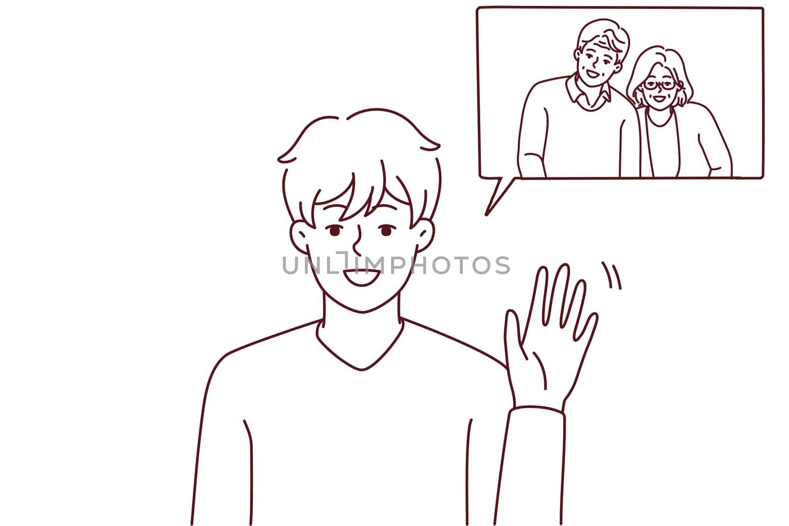 Smiling boy waving talking on video call with happy grandparents. Happy child have webcam conversation online with family. Vector illustration.