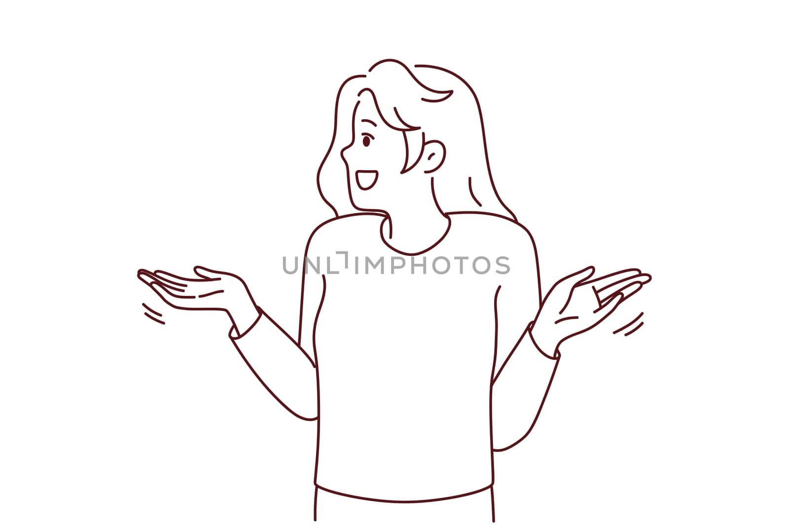 Frustrated young woman make hand gesture wondering about solution of problem. Smiling girl feel confused and embarrassed looking for solving. Vector illustration.