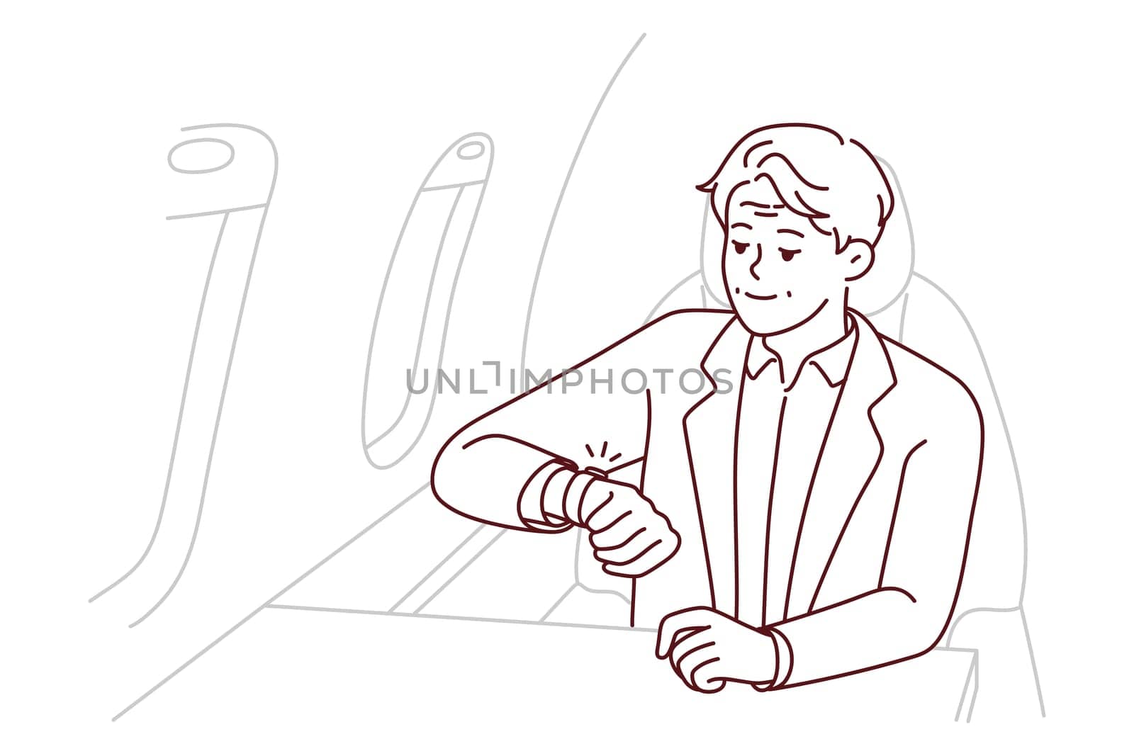 Mature rich man sit in airplane looking at wristwatch being in rush. Elderly male in business class of plane worried about miss deadline. Vector illustration.