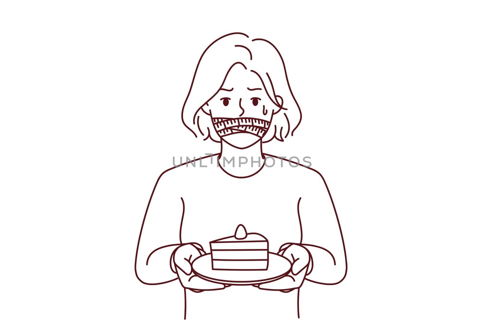 Unhappy woman with mouth closed refuse from chocolate cake. Stressed girl follow diet cover mouth from dessert. Vector illustration.