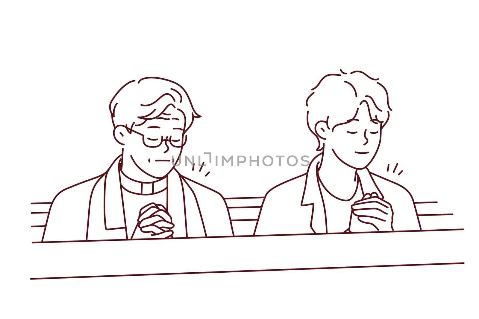 Man and priest praying in church. Guy and pastor with prayer hands pray in cathedral. Religion and faith. Vector illustration.