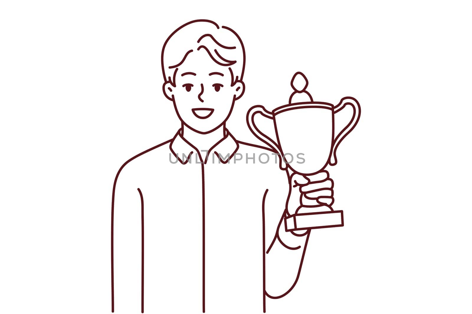 Smiling businessman holding gold trophy in hands celebrate win or victory. Happy man with golden prize win competition. Success and accomplishment. Vector illustration.
