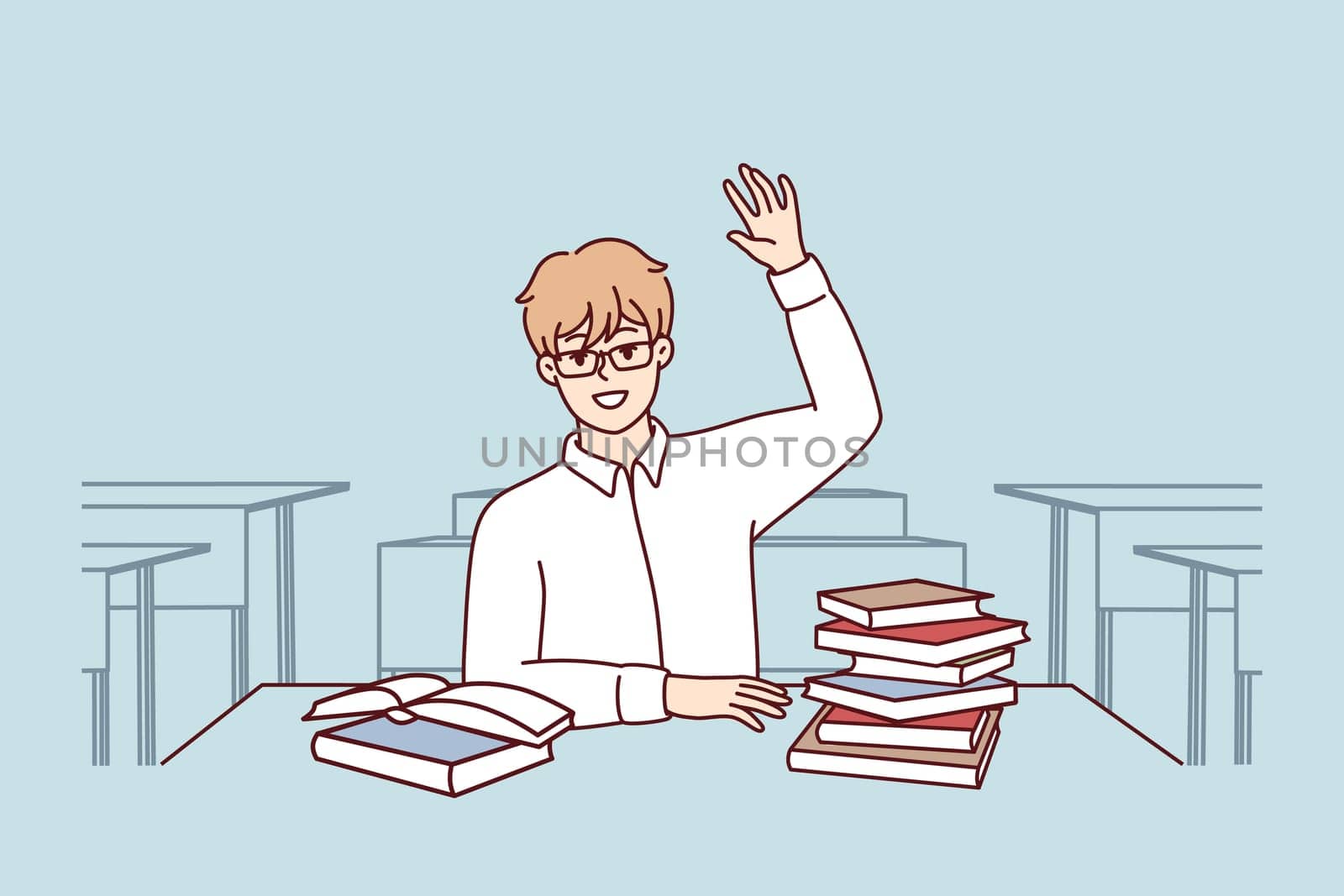Boy high school student sits at desk with textbooks and workbooks and pulls hand up. Lonely schoolboy in white shirt and glasses wants to answer teacher question or take exam. Flat vector design