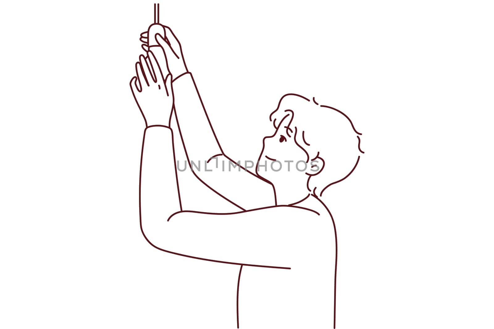 Man put lightbulb indoors. Male screw light bulb on ceiling. House renovation and repair. Generating business idea concept. Vector illustration.