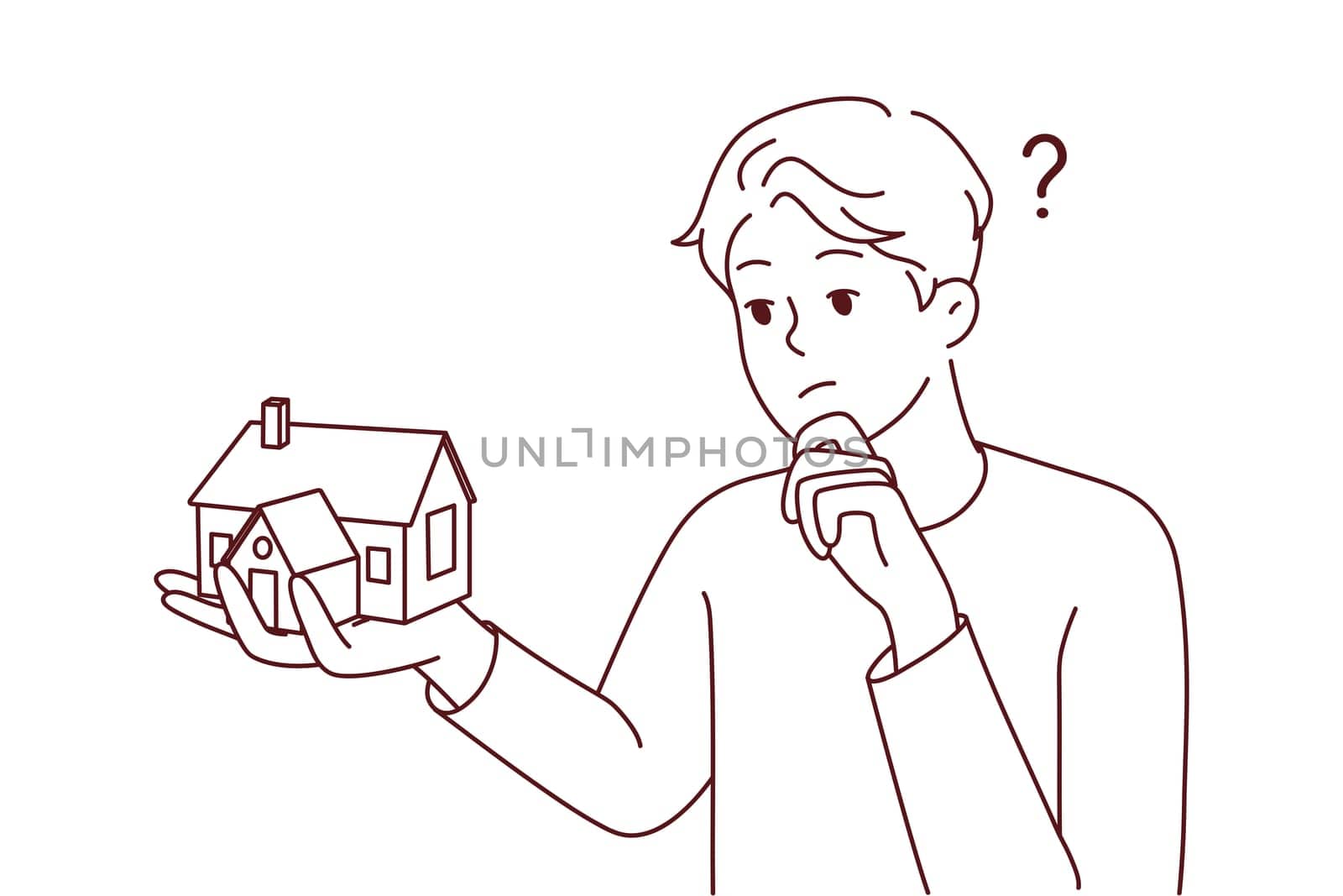 Young man holding house thinking of mortgage or loan. Confused male with home maquette frustrated with housing rent or purchase. Real estate agent. Vector illustration.