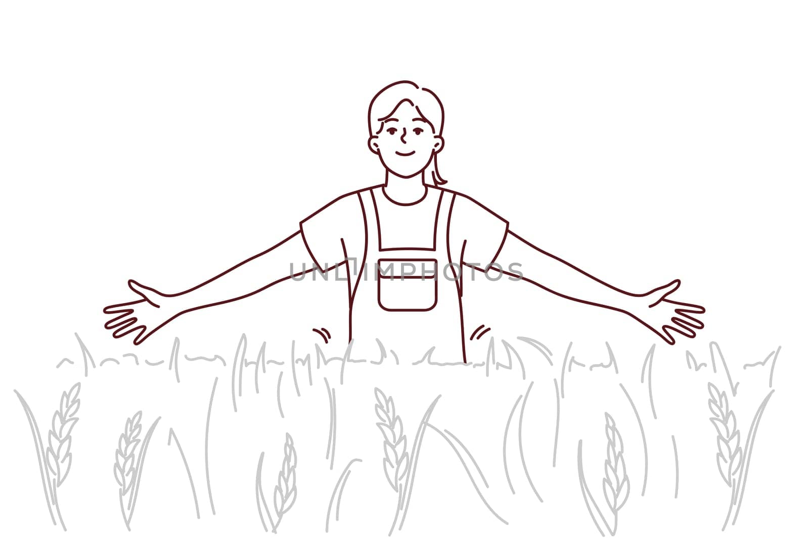 Smiling girl walking in field enjoying sunny weather outdoors. Happy female in cropland or pasture. Environment and nature. Vector illustration.