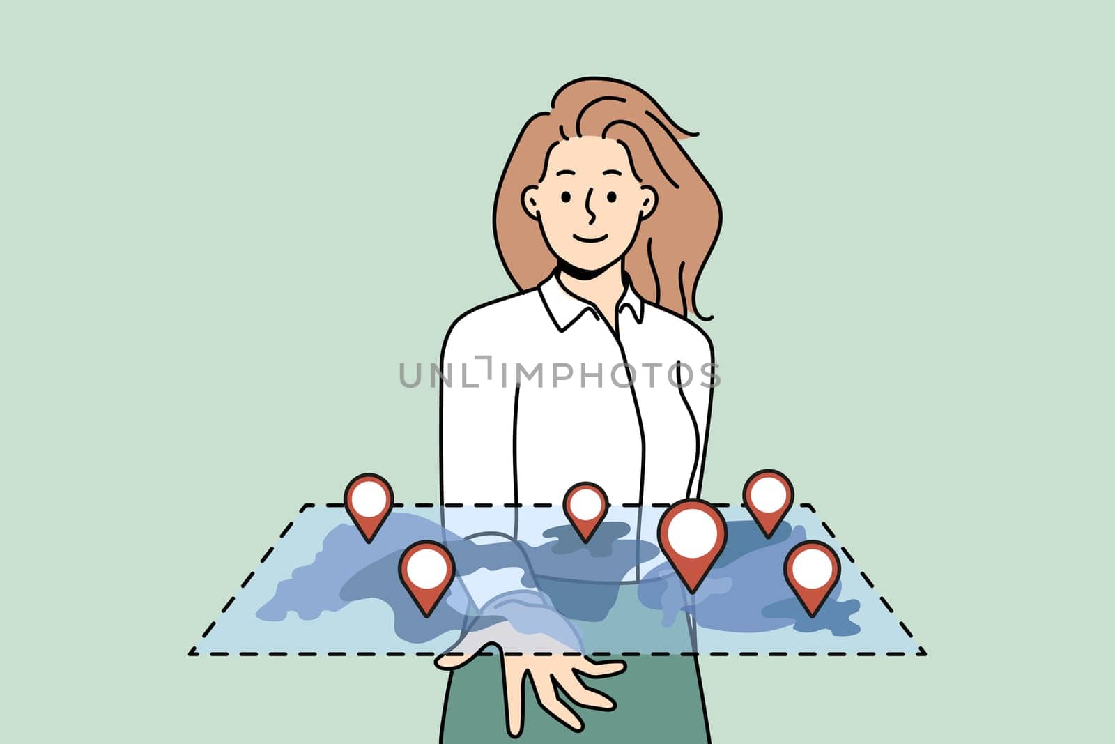 Smiling businesswoman holding map with marked locations on hand. Happy woman look at digital plan with GPS marks. Vector illustration.