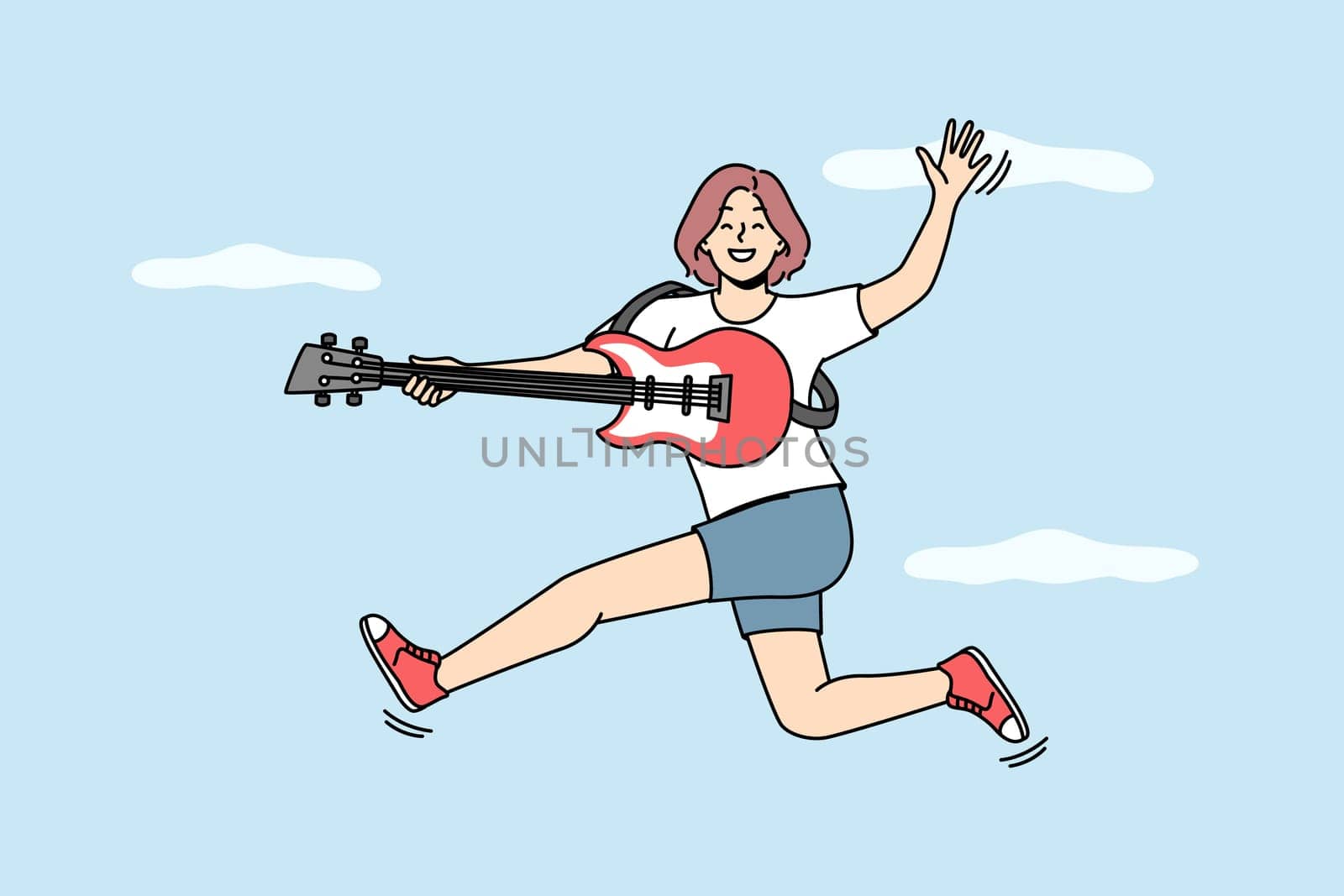 Overjoyed young woman jump in air play on guitar. Smiling girl have fun playing on musical instrument. Hobby and entertainment. Vector illustration.