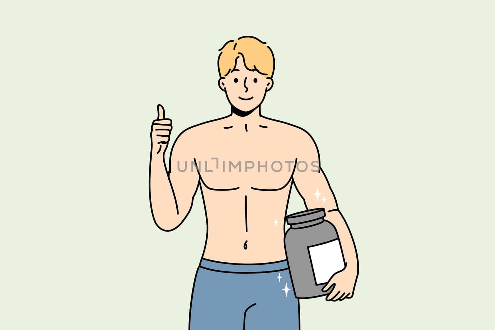 Smiling bodybuilder holding protein bottle recommend healthy lifestyle. Happy muscular guy with nutrition supplement in hands. Sport and diet. Vector illustration.