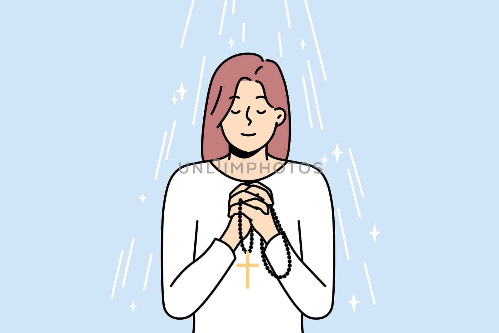 Young woman with rosary in hands praying. Religious superstitious girl with beads talk to God ask about good fate. Religion and faith. Vector illustration.