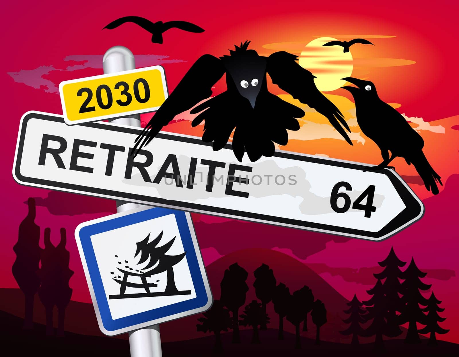 Retirement road sign at 64 years old, law for 2030 in France